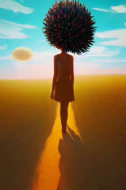 Image similar to giant corn flower head, girl walking in the desert, surreal photography, sunrise, dramatic light, impressionist painting, colorful clouds, digital painting, artstation, simon stalenhag