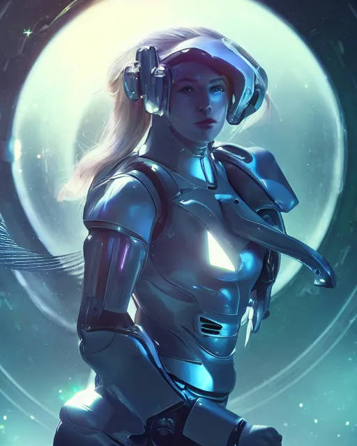 Image similar to perfect android girl on a mothership, warframe armor, beautiful face, scifi, futuristic, galaxy, nebula, raytracing, dreamy, long white hair, blue cyborg eyes, sharp focus, cinematic lighting, highly detailed, artstation, divine, by gauthier leblanc, kazuya takahashi, huifeng huang