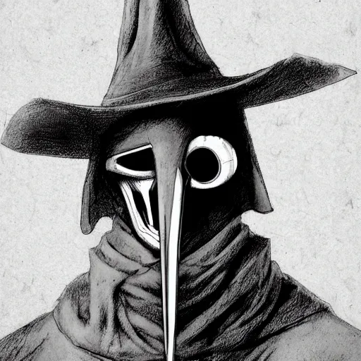 Image similar to a portrait of a plague doctor gunslinger, dark fantasy, horror, western, hell, ultrafine detailed digital pencil art by frank frazetta and vito acconci and and takeshi obata and mike mignola, death note style, colored, symmetric body, cgsociety, sharp focus, detailed face, looking at the camera