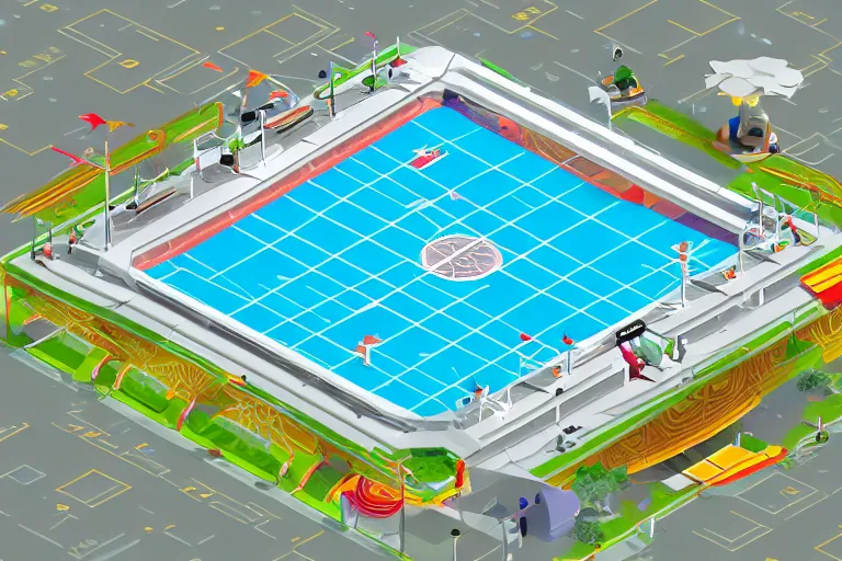 Image similar to isometric view of a futuristic high - tech sky arena inspired by modern skate parks and modern chinese playgrounds in the style of mario 3 d world, day