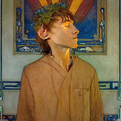 Image similar to the flower prince, by jessie willcox smith and donato giancola and nicholas roerich, symbolist, tattoos, dramatic lighting, elaborate geometric ornament, art brut, god rays, soft cool colors, smooth, sharp focus, extremely detailed