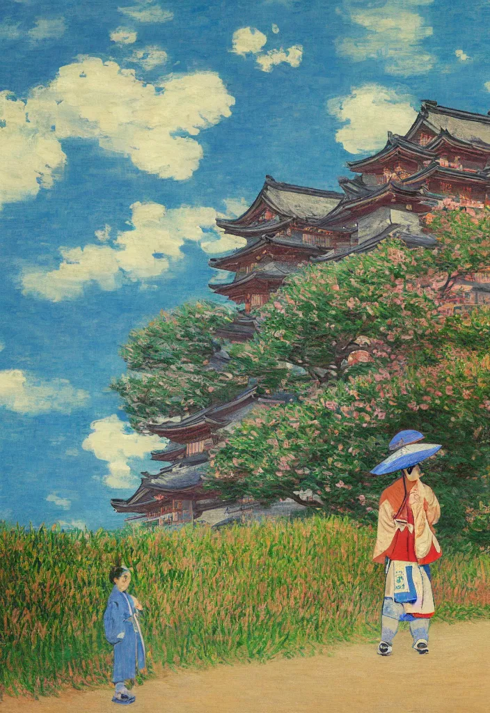 Prompt: tiny samurai in front of a futuristic japanese country side landscape, edo era house in the background, blue sky, magnificient clouds, lofi vibe, vivide colors, amazing light, really beautiful nature, oil painting, impressionist style, by claude monet, by ghibli, kandinsky touches, multiple brush strokes, masterpiece