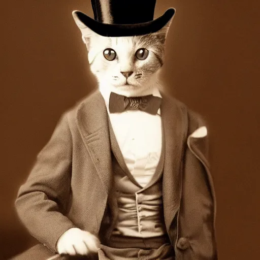 Prompt: cat wearing a top hat, dynamic lighting, 8k quality, stunning scenery, vintage photo, photorealistic portrait