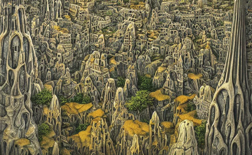 Image similar to a pencil sketch of heavenly city with lush walkways, beautiful bioarchitecture design by kedem pitsou, m. c. escher, gaudi sagrada familia, and bisti badlands, emerald gold and beksinski, highly detailed, bokeh, beautiful, artstation