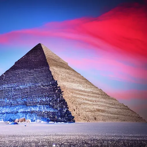 Image similar to huge pyramid in Antarctica, war, real, blue sky, smoke, red clouds, detailed, award winning, photograph, cinematic