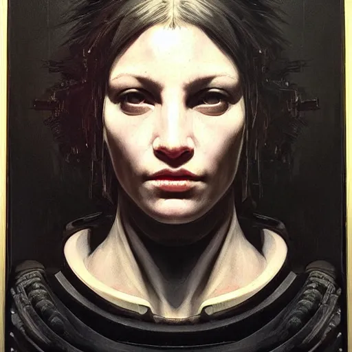 Prompt: cyberpunk portrait by caravaggio, award winning, masterpiece, intricate, dramatic light, detailed, asymmetrical, dark