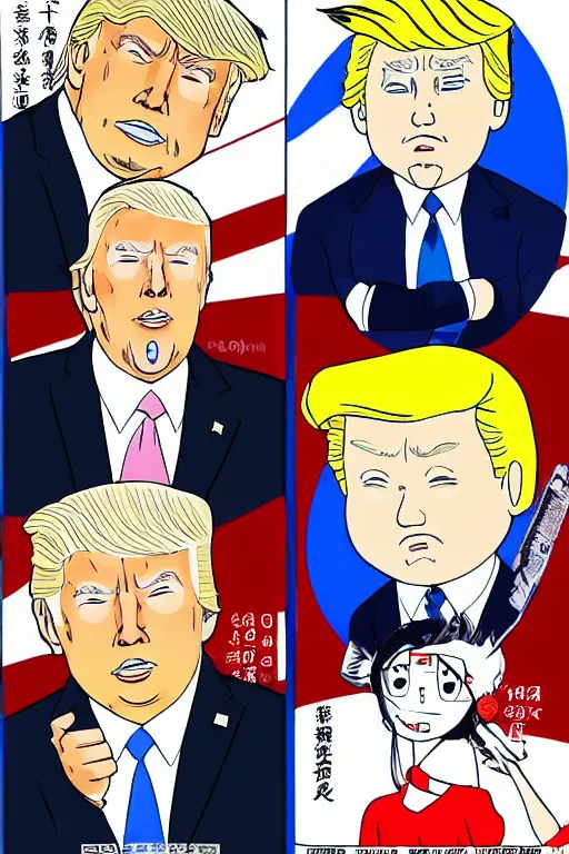 Prompt: joe biden and donald trump and vladimir putin and xi jinping manga, color, best scene, studio ghibli, chibi style, by katsuhiro otomo and hiroya oku and makoto yukimura