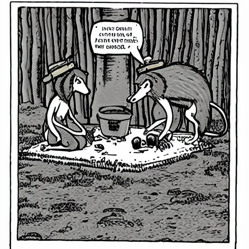 Image similar to angus picnicking with raccoons by gary larson