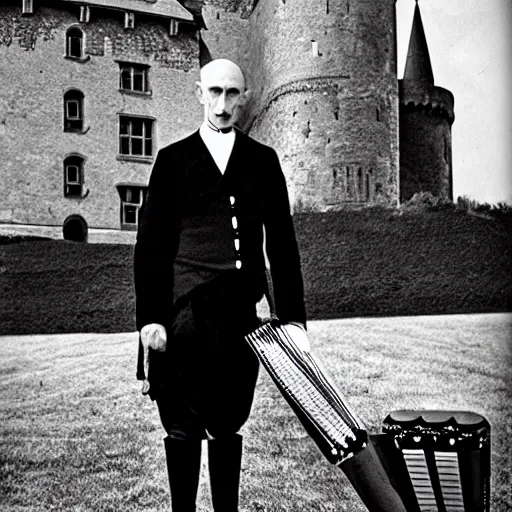 Image similar to vintage photograph of count orlok outside his castle, playing accordion, castle in the background, 4 k