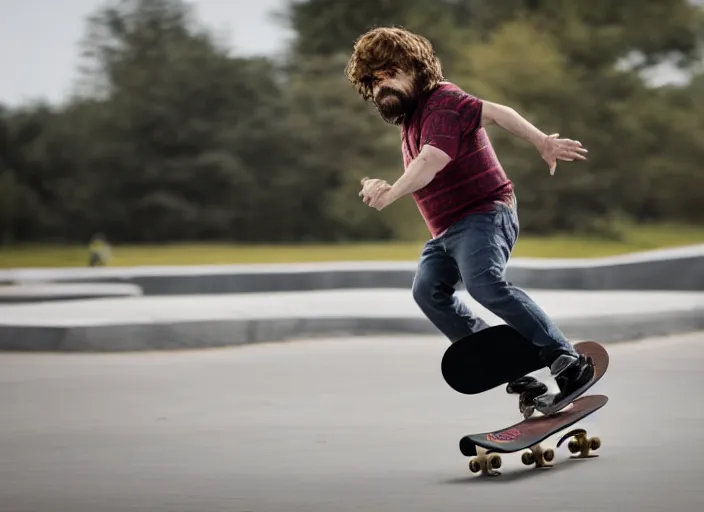 Image similar to dslr photo still of peter dinklage on a skateboard flying through the air, 4 k, 1 2 0 mm f 1 6