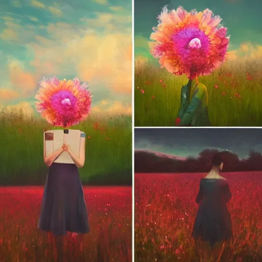 Image similar to girl with an blooming flower for a face, surreal photography, dream, standing in flower field, magical, in a valley, sunrise dramatic light, impressionist painting, colorful clouds, artstation, simon stalenhag, exploding flower face