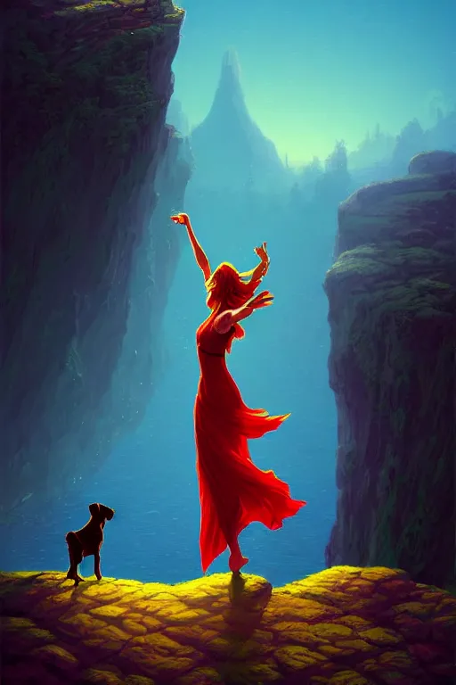 Image similar to the fool tarot card, a maiden dances on the edge of a cliff with a little dog barking beside her, 8 k resolution digital painting, cinematic lighting, deviantart artstation, by alena aenami, by michael whelan, bokeh, behance hd