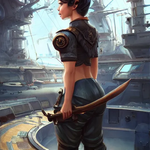 Image similar to beautiful muscular charming female gnome engineer, cryogenic arms, short black pixie undercut hair, standing on ship deck, naval background, intricate, fantasy magic, highly detailed, full body, wide angle portrait, digital painting, artstation, smooth, sharp focus, great composition, illustration, art by Greg Rutkowski, trending on artstation