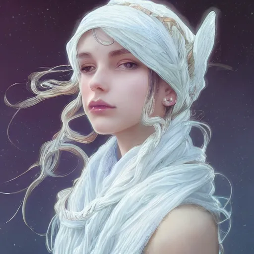 Prompt: portrait of a girl wearing white scarf, long curly hair, twist braid, watery eyes, cat ears, fantasy, intricate, elegant, highly detailed, digital painting, artstation, concept art, smooth, sharp focus, illustration, art by artgerm and greg rutkowski and alphonse mucha