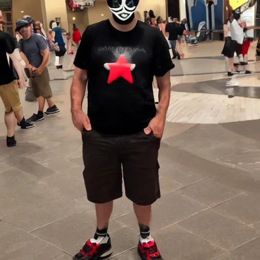 Image similar to a short stocky Italian man wearing a red ski mask over his face, with black goggles on his head, black t-shirt and light khaki cargo shorts, posing for a picture at anime matsuri convention