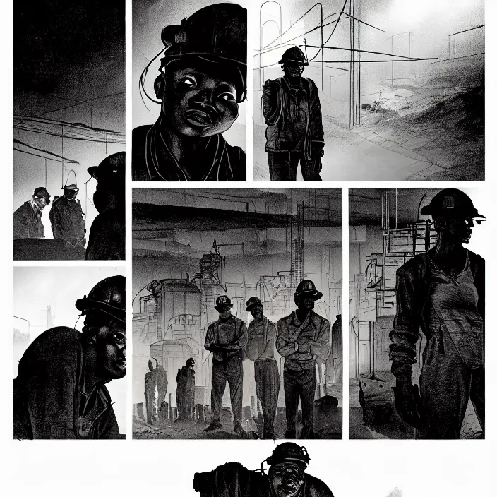 Prompt: elisabeth biyundar as a miner waits in a queue. outside a coal mine. storyboard, scifi cyberpunk. by gabriel hardman, joe alves, chris bonura. cinematic atmosphere, detailed and intricate, perfect anatomy