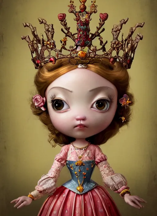 Image similar to highly detailed closeup, profile portrait of a tin toy fairytale princess wearing a crown, unreal engine, nicoletta ceccoli, mark ryden, earl norem, lostfish, global illumination, detailed and intricate environment