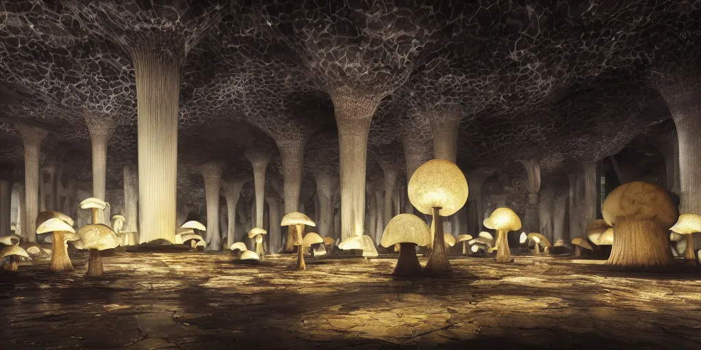 Image similar to Photorealistic exterior of Istiqlal mosque bulit in giant glowing mushroom underworld dark cave, people and androids wearing traditional japanese clothing. photorealism, UHD, amazing depth, glowing, golden ratio, 3D octane cycle unreal engine 5, volumetric lighting, cinematic lighting, cgstation artstation concept art