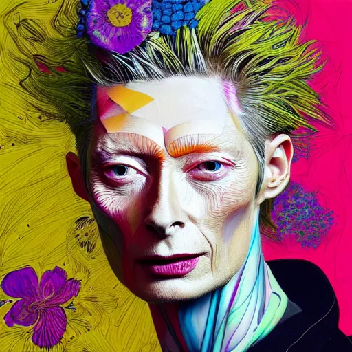 Image similar to a realistic yet sketched fierce neon tilda swinton, trending on artstation, by archan nair and marlene duma, intricate details, flowers, in the style of frank auerbach, in the style of martin ansin, in the style of david aja, in the style of mattias adolfsson