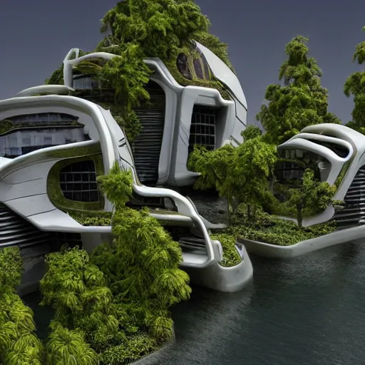 Image similar to futuristic houses in crazy locations, ultra realistic, intricate details, highly detailed, photorealistic, 8 k, vegetation, water