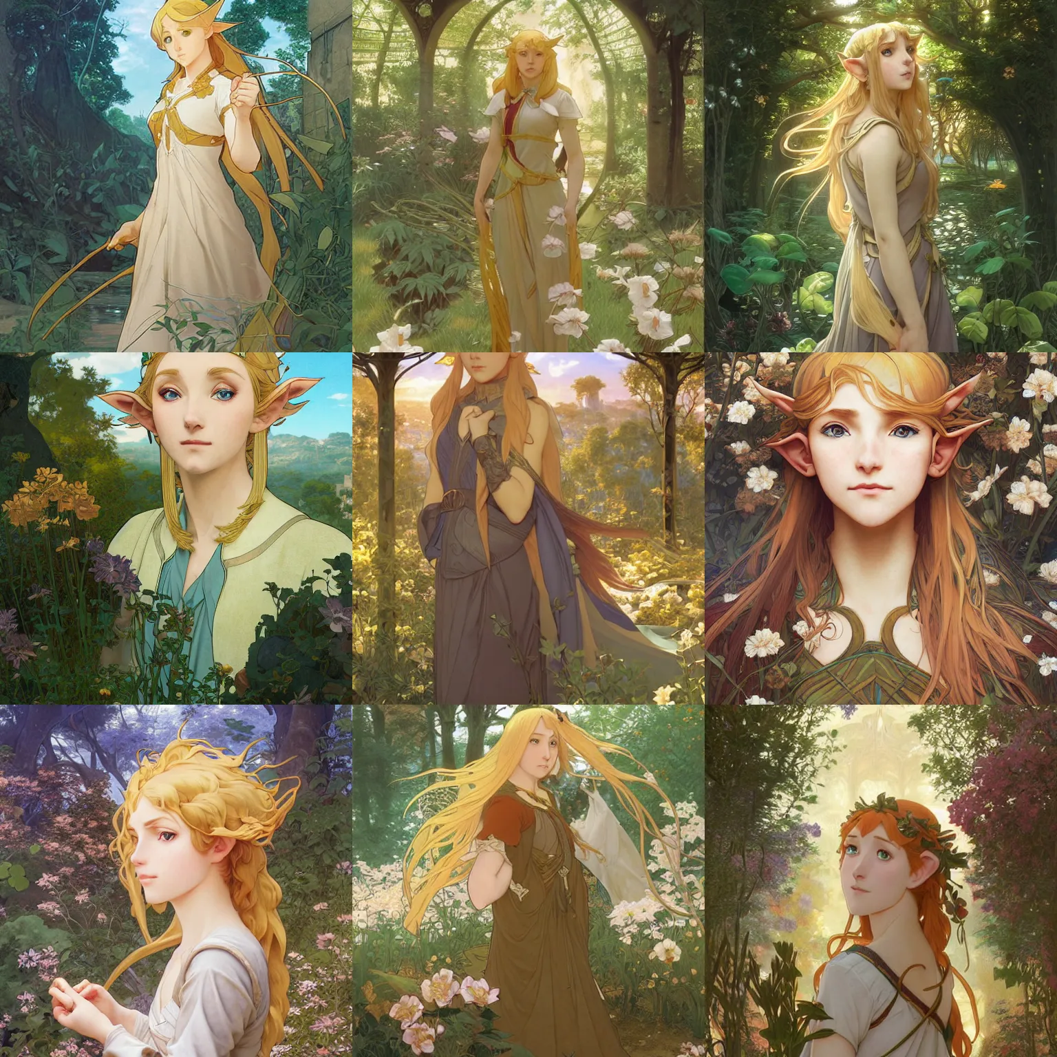 Prompt: Portrait of a golden-haired elf woman walking through a city reclaimed by nature, beautiful face, highly detailed, photoshop, digital illustration, official anime key visual, by Makoto Shinkai and Hayao Miyazaki, by Alphonse Mucha and William-Adolphe Bouguereau