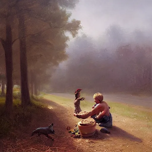 Prompt: painting of a man feeding a poor boy on a country road, surreal highly detailed, artstion greg rutkowski
