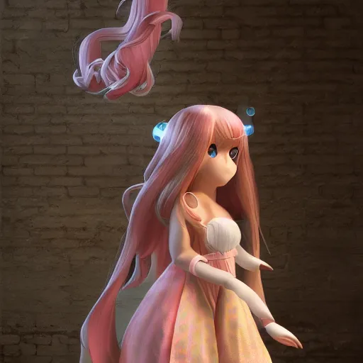 Image similar to cute fumo plush of a girl from the top of a large tower, long hair, princess, outline glow, particle simulation, vray