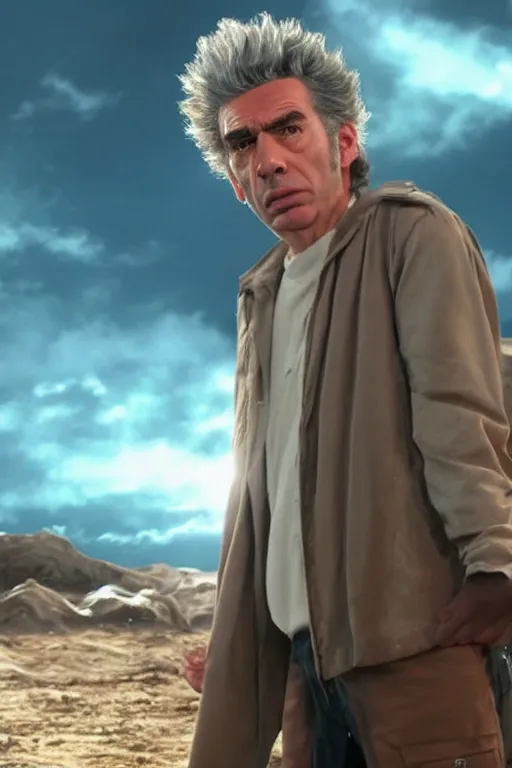 Image similar to kramer as rick sanchez, real life, high quality movie still, photorealistic, ultra detail