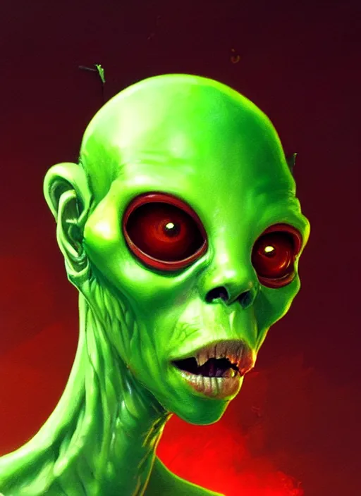 Image similar to portrait of smoking green alien, red short hair, highly detailed, digital painting, artstation, concept art, sharp focus, illustration, art by wlop, mars ravelo and greg rutkowski