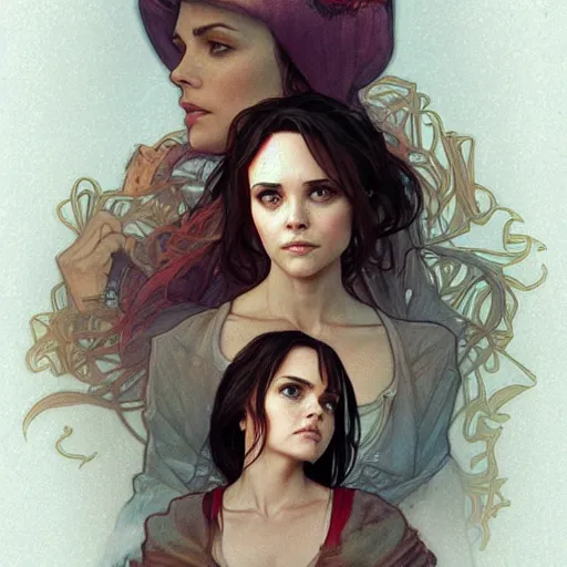 Image similar to amazing lifelike award winning pencil illustration of Winona Ryder and Christina ricci trending on art station artgerm Greg rutkowski alphonse mucha cinematic