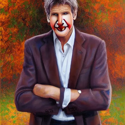 Image similar to stunning serene portrait of a young Harrison Ford wearing a clown suit by Mark Arian, oil on canvas, masterpiece, realism, piercing gaze, autumn bokeh