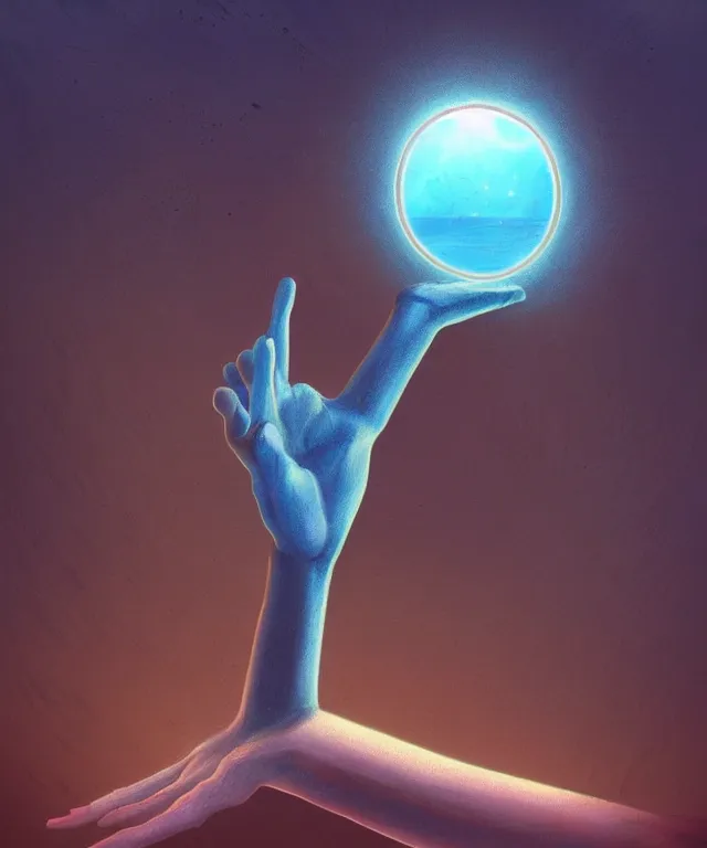 Image similar to a giant hand reaching from a portal in the sky, in the art style of robbie trovino, digital painting, artstation, instagram, sharp focus, illustration, surrealism