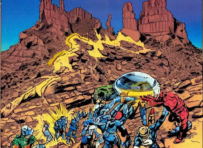 Image similar to comic book drawing of aliens building a base at the grand canyon by jack kirby!!! and simon bisley, epic, awesome bright color palette, hard contrast, black ink outlines