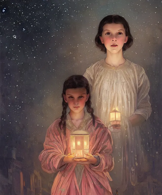 Image similar to a beautiful painting of a girl resembling millie bobby brown in front of the lantern festival in a an ancient italian town, at night with a sky full of stars, intricate, elegant, highly detailed, digital painting, artstation, concept art, by krenz cushart and artem demura and alphonse mucha