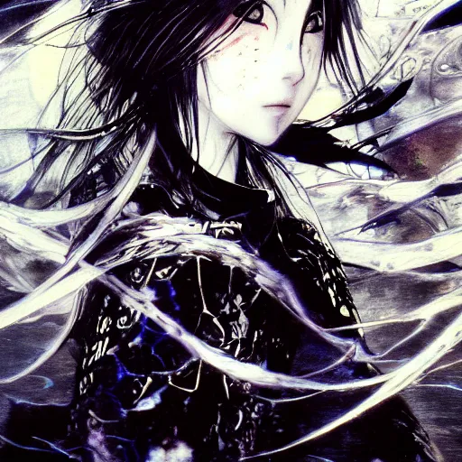 Image similar to yoshitaka amano blurred and dreamy illustration of an anime girl with pirate eye patch, wavy white hair and cracks on her face wearing elden ring armour with the cape fluttering in the wind, abstract black and white patterns on the background, noisy film grain effect, highly detailed, renaissance oil painting, weird portrait angle