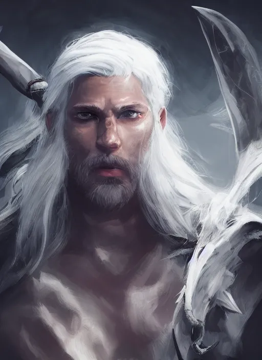 Prompt: portrait of a wild magic barbarian with white hair and a dark robe, dungeons and dragons, dramatic lighting, dynamic composition, trending on artstation, 4 k, 8 k