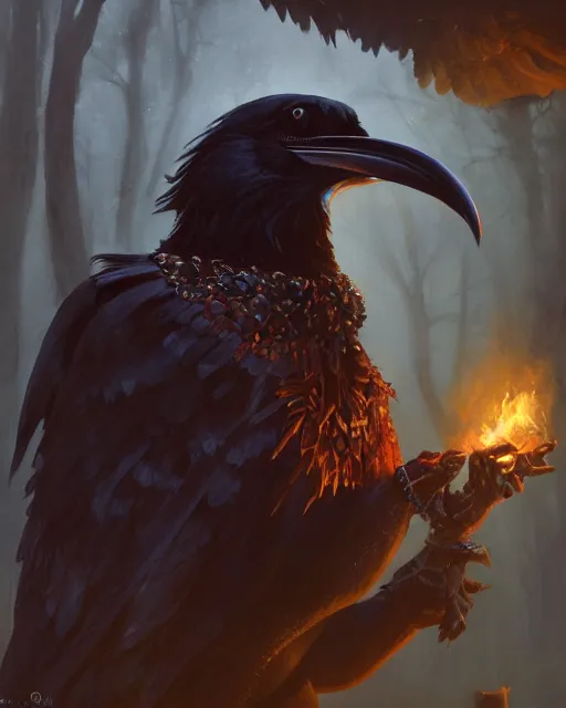 Prompt: oil painting of a Anthropomorphized raven shaman and dragon, sharp focus, fantasy artwork, octane render, volumetric lighting, 8k high definition, by greg rutkowski, highly detailed, trending on art Station, magic the gathering artwork, Woodland background, centered