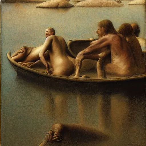 Image similar to the dream of the walrus and the swimmers in oslo, by odd nerdrum, oil on canvas, 1 9 8 3, high resolution