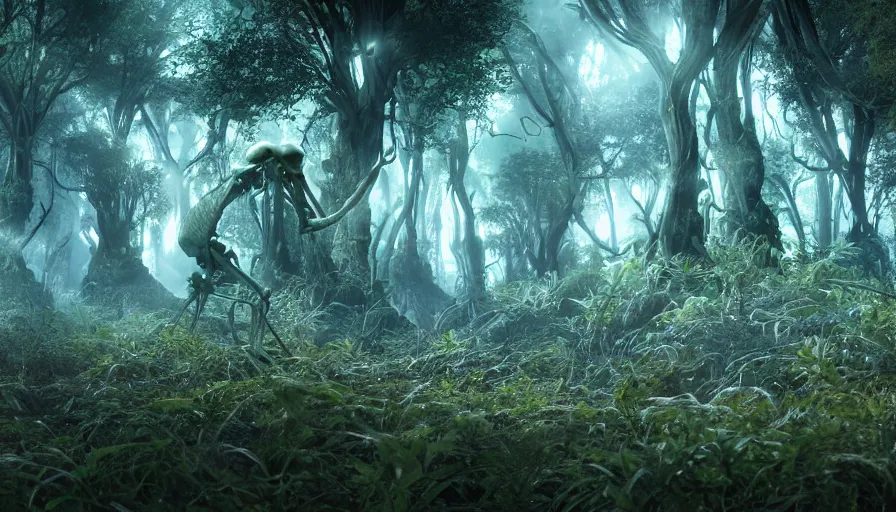 Image similar to hyper realistic highly detailed nature photography of skeleton wraiths in a bioluminescent grove with heavy vegetation, prehistoric planet, volumetric lighting, octane render, 4 k resolution, golden hour