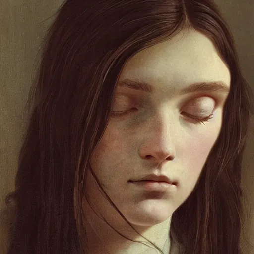 Prompt: A dreamy sleepy young woman with long dark hair, portrait art by caspar david friedrich and balthus, highly detailed, oil painting, concept art, illustration, dim lighting with twilight rays of sunlight coming through the window with closed shutters, trending on artstation, very detailed, smooth, sharp focus, octane render