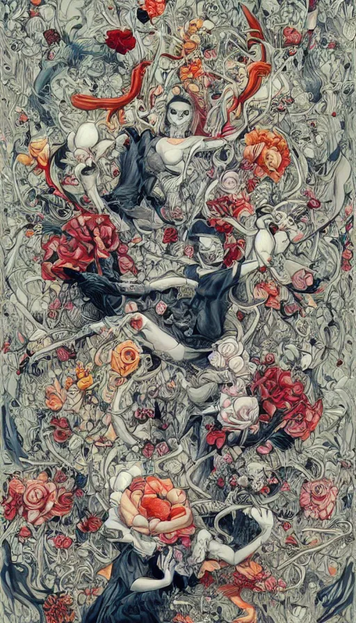 Image similar to life and death mixing together, by james jean,