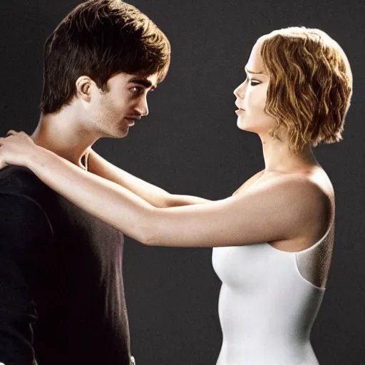 Prompt: side view of jennifer lawrence facing daniel radcliffe as he hyperextends his jaw in order to swallow her, horror movie poster