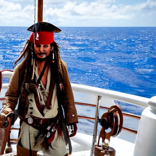 Image similar to captain jack sparrow drinking rum on a ship in the middle of the ocean, sun shining, wide angle, hd