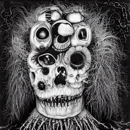 Prompt: punk metal album cover, black and white, psychedelic, giuseppe arcimboldo