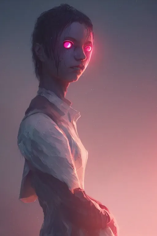 Prompt: A women with glowing eyes by Greg Rutkowski, beeple, Sung Choi, Mitchell Mohrhauser, Maciej Kuciara, Johnson Ting, Maxim Verehin, Peter Konig, final fantasy, macro lens, 35mm, 8k photorealistic, cinematic lighting, HD, high details, dramatic, dark atmosphere, trending on artstation