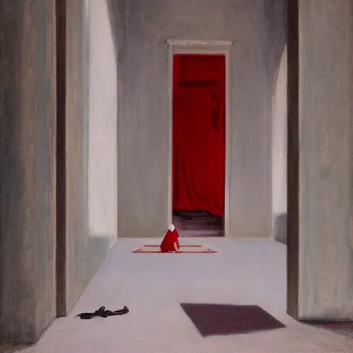 Image similar to praying nun in red clothes staying in the middle of abandoned huge temple, by Edward Hopper