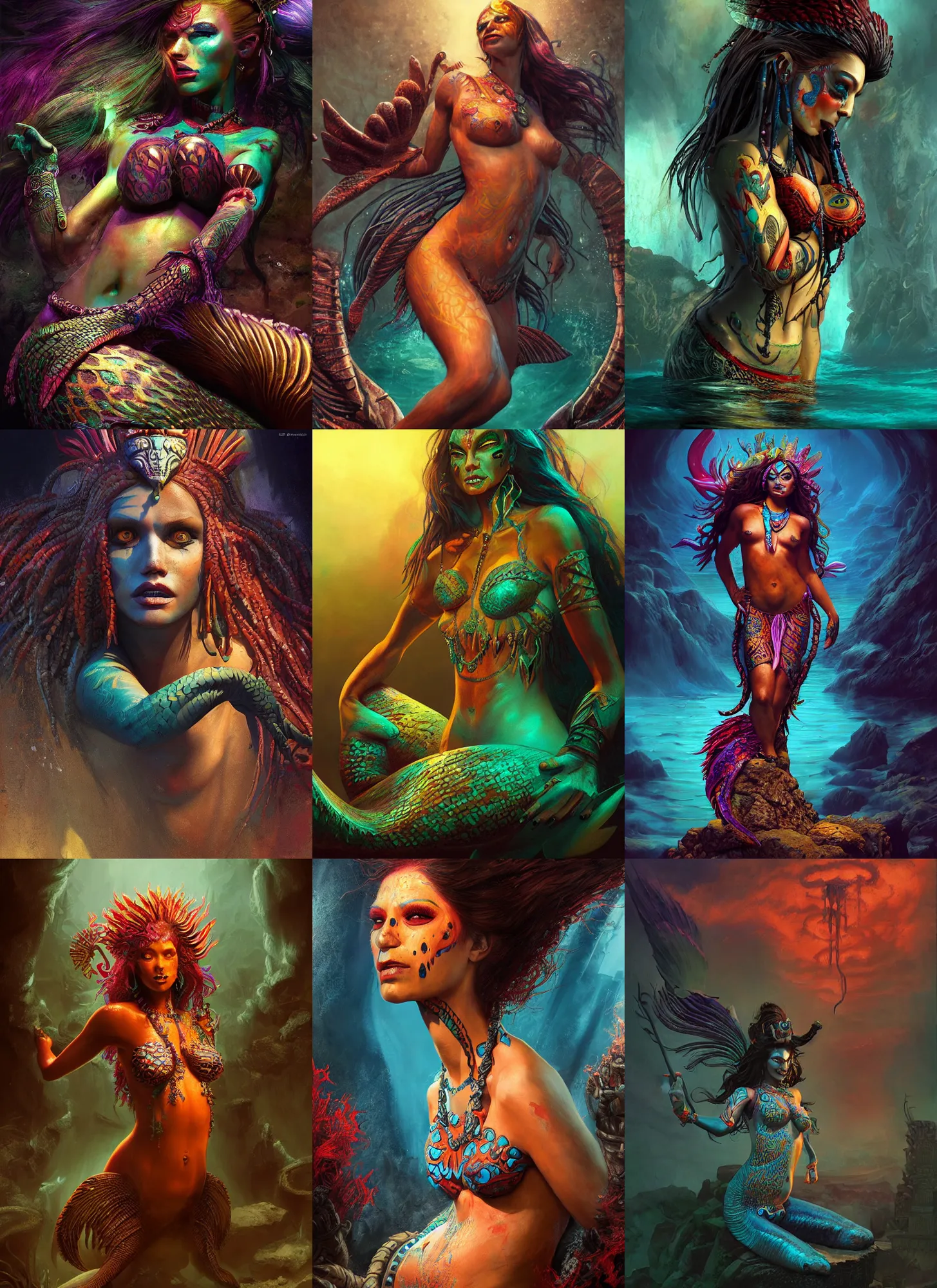 Prompt: aztec mermaid, vivid colors, dark shadows, contrast, concept art, sharp focus, digital art, Hyper-realistic, 4K, Unreal Engine, Highly Detailed, Dramatic Lighting, Beautiful, by Brom, bastien lecouffe-deharme