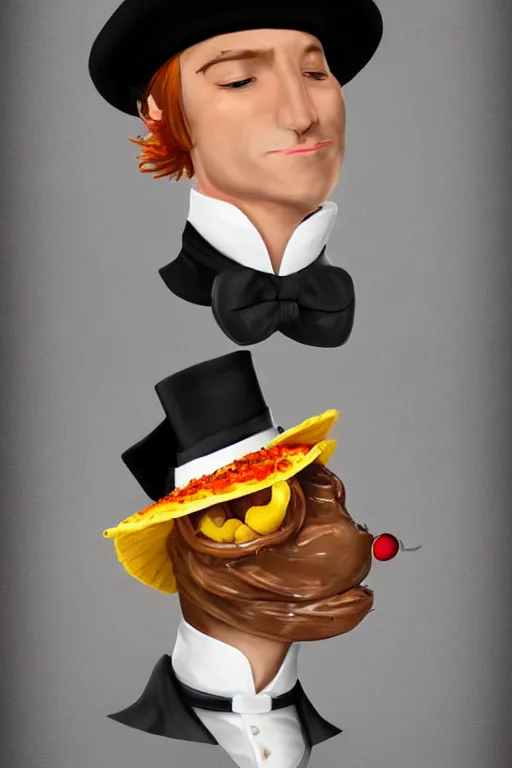 Prompt: a portrait of a handsome taco!!!! wearing a monocle and a victorian suit, ( ( character concept art ) ), headshot, trending on artstation, culinary photography of a delicious taco in a tuxedo