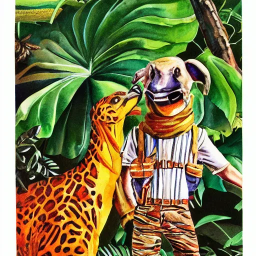 Prompt: A Banana Republic Travel and Safari Clothing Catalog cover from 1986 with Pepe, watercolor painting by Robert Stein III, illustration.