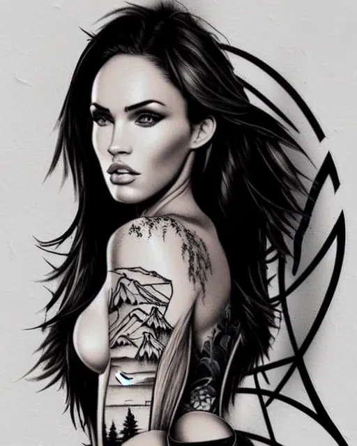 Image similar to double exposure effect tattoo design sketch of megan fox with amazing mountain scenery, realism tattoo, in the style of den yakovlev, amazing detail, sharp